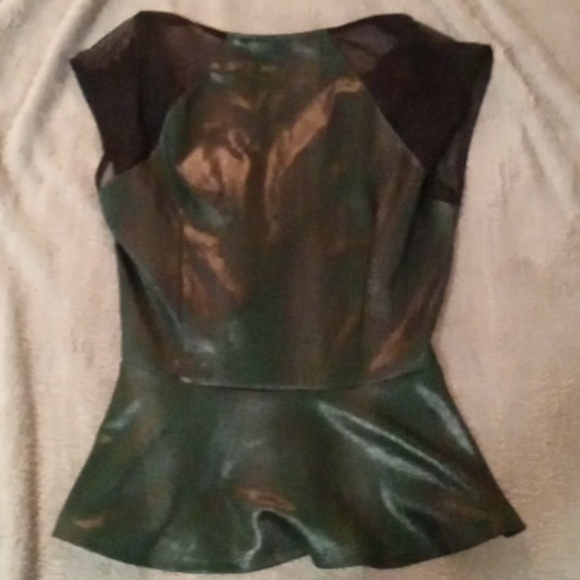 Guess Peplum Top with Sheer Sleeves and Leather-Like Pleather Alligator Print - Picture 4 of 4